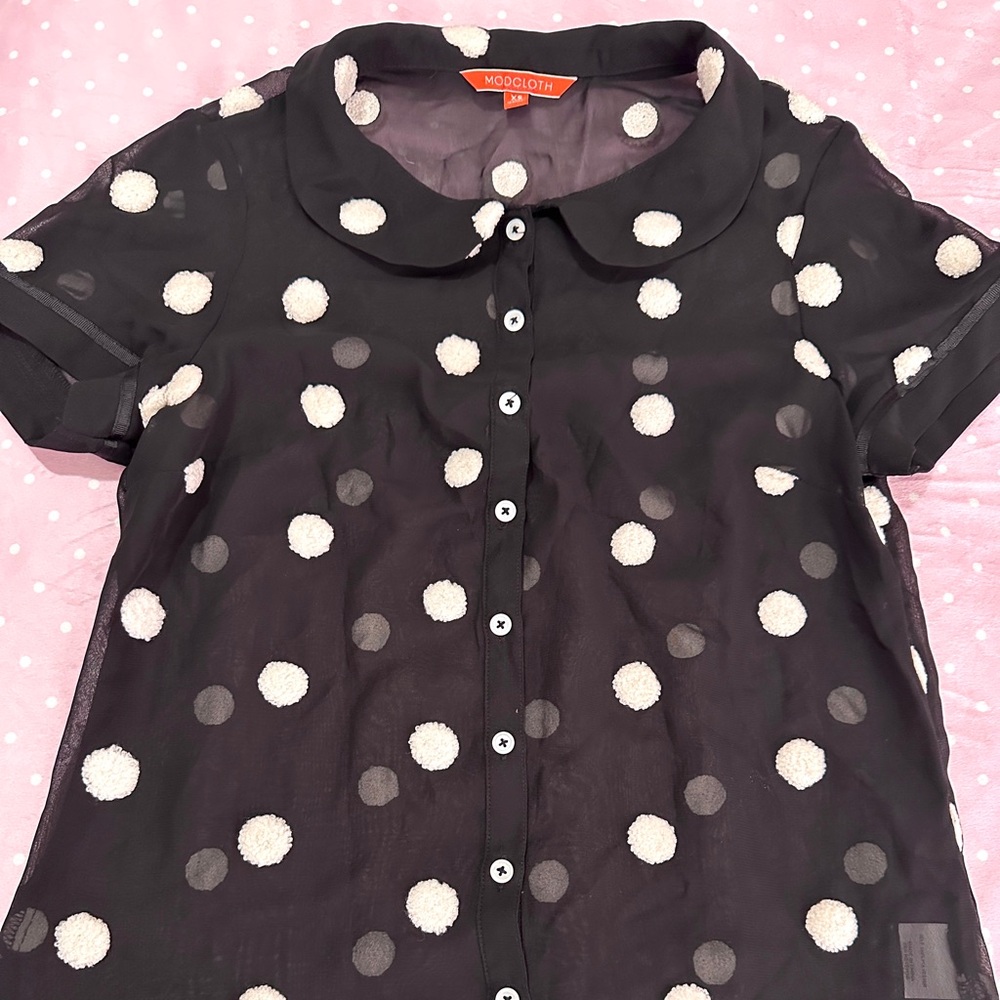 Modcloth Embroidered Polka Dot Peter Pan Collar Sheer Blouse Top